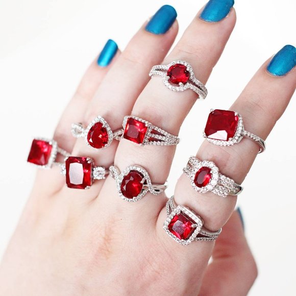 Emerlad Cut Red Ruby Gemstone Ring, 925 Sterling Silver Charmed Aroma - Picture 2 of 7